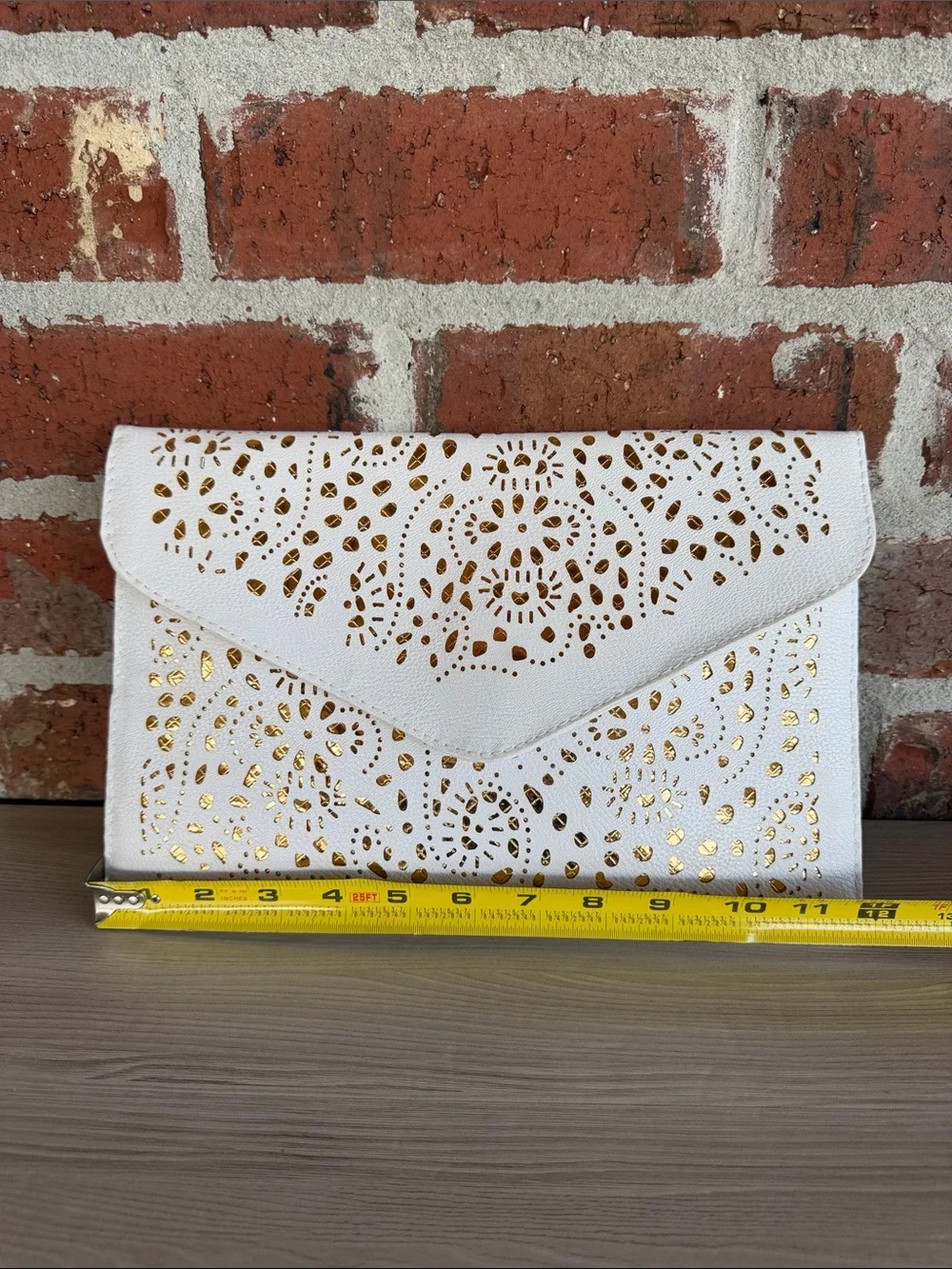 White & Gold Laser-Cut Envelope Clutch